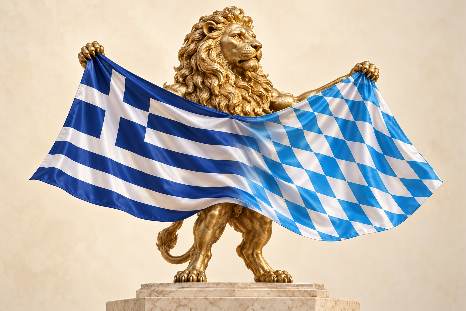 Goldener heraldischer Löwe mit ineinander übergehender griechischer und bayerischer Flagge – KI-generiertes Motiv